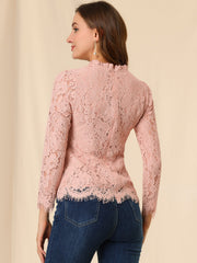 Lace Long Sleeve Ruffle Stand Neck Floral Blouse