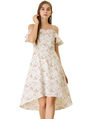 Spaghetti Strap Asymmetrical High Low Floral A-Line Midi Dress