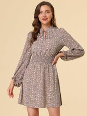 Smocked Waist Tie Neck Floral Long Sleeve Dress