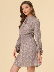 Smocked Waist Tie Neck Floral Long Sleeve Dress