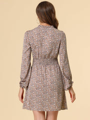 Smocked Waist Tie Neck Floral Long Sleeve Dress