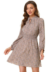 Smocked Waist Tie Neck Floral Long Sleeve Dress