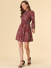 Smocked Waist Tie Neck Floral Long Sleeve Dress