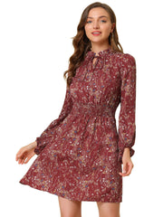 Smocked Waist Tie Neck Floral Long Sleeve Dress
