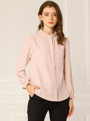 Work Office Blouse Button Up Ruffle Collar Long Sleeve Chiffon Shirt