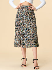 Floral Peasant Elastic Waist A-Line Ditsy Leave Midi Skirt
