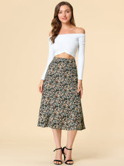 Floral Peasant Elastic Waist A-Line Ditsy Leave Midi Skirt