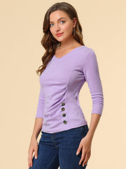 3/4 Sleeve Solid Knitted Button Decor Ruched Blouse