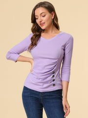 3/4 Sleeve Solid Knitted Button Decor Ruched Blouse