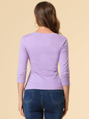 3/4 Sleeve Solid Knitted Button Decor Ruched Blouse