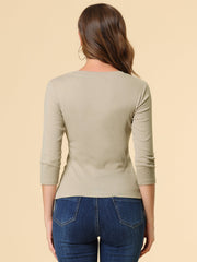 3/4 Sleeve Solid Knitted Button Decor Ruched Blouse