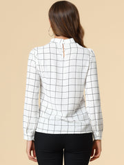 Bow Tie Neck Grid Checks Shirt Office Work Tops Blouse