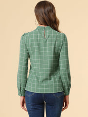 Bow Tie Neck Grid Checks Shirt Office Work Tops Blouse