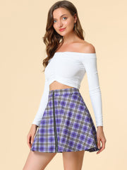 Christmas Plaid Skater Casual Flare Zip-Up Mini Skirt