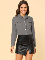 Button Down Long Sleeve Casual Cropped Denim Jacket