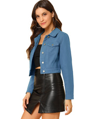 Button Down Long Sleeve Casual Cropped Denim Jacket