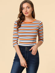3/4 Sleeve Round Neck Casual Striped T-Shirt