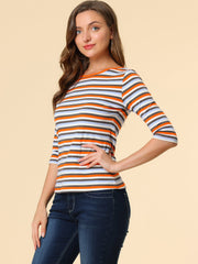 3/4 Sleeve Round Neck Casual Striped T-Shirt