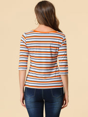 3/4 Sleeve Round Neck Casual Striped T-Shirt