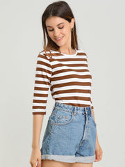 3/4 Sleeve Round Neck Casual Striped T-Shirt