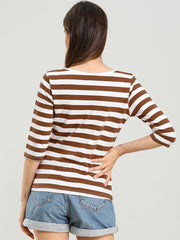 3/4 Sleeve Round Neck Casual Striped T-Shirt