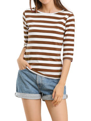 3/4 Sleeve Round Neck Casual Striped T-Shirt