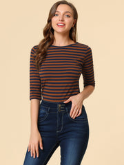 Striped 3/4 Sleeve Round Neck Casual T-Shirt
