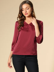 Casual Office Blouse 3/4 Sleeve V Neck Satin Shirt