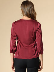 Casual Office Blouse 3/4 Sleeve V Neck Satin Shirt
