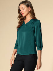 Casual Office Blouse 3/4 Sleeve V Neck Satin Shirt