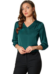 Casual Office Blouse 3/4 Sleeve V Neck Satin Shirt