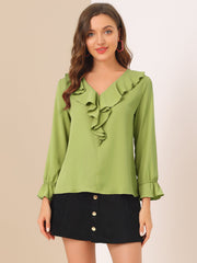 Ruffle Neck Gathered Cuff Long Sleeves Blouse
