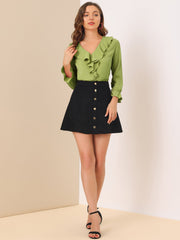 Ruffle Neck Gathered Cuff Long Sleeves Blouse