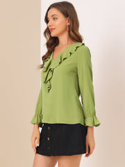 Ruffle Neck Gathered Cuff Long Sleeves Blouse