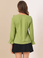 Ruffle Neck Gathered Cuff Long Sleeves Blouse