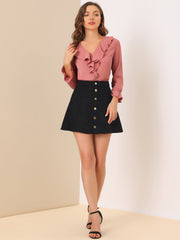 Ruffle Neck Gathered Cuff Long Sleeves Blouse