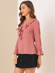 Ruffle Neck Gathered Cuff Long Sleeves Blouse