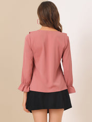Ruffle Neck Gathered Cuff Long Sleeves Blouse