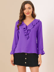 Ruffle Neck Gathered Cuff Long Sleeves Blouse