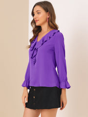 Ruffle Neck Gathered Cuff Long Sleeves Blouse