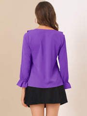 Ruffle Neck Gathered Cuff Long Sleeves Blouse