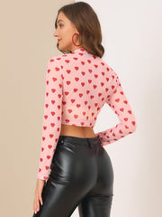 Semi-Sheer Sexy Heart Mesh Crop Top Long Sleeve Blouse