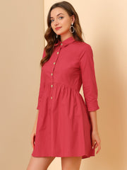 Ruched 3/4 Sleeve Button Up Casual Mini Shirt Dress