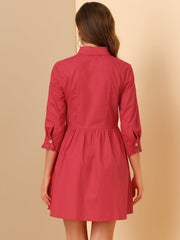 Ruched 3/4 Sleeve Button Up Casual Mini Shirt Dress