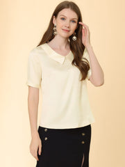 Work Top Turndown Collar Button Decor Short Sleeve Satin Blouse