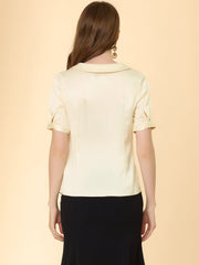 Work Top Turndown Collar Button Decor Short Sleeve Satin Blouse