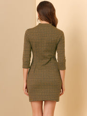 Mock Neck 3/4 Sleeve Slim Check Office Work Plaid Dress
