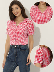 Plaid Blouse Puff Sleeve Ruffle Peter Pan Collar Shirt Top