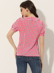 Plaid Blouse Puff Sleeve Ruffle Peter Pan Collar Shirt Top
