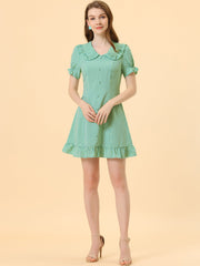 Gingham Checks Ruffled Peter Pan Collar 1960s Vintage Mini Dress